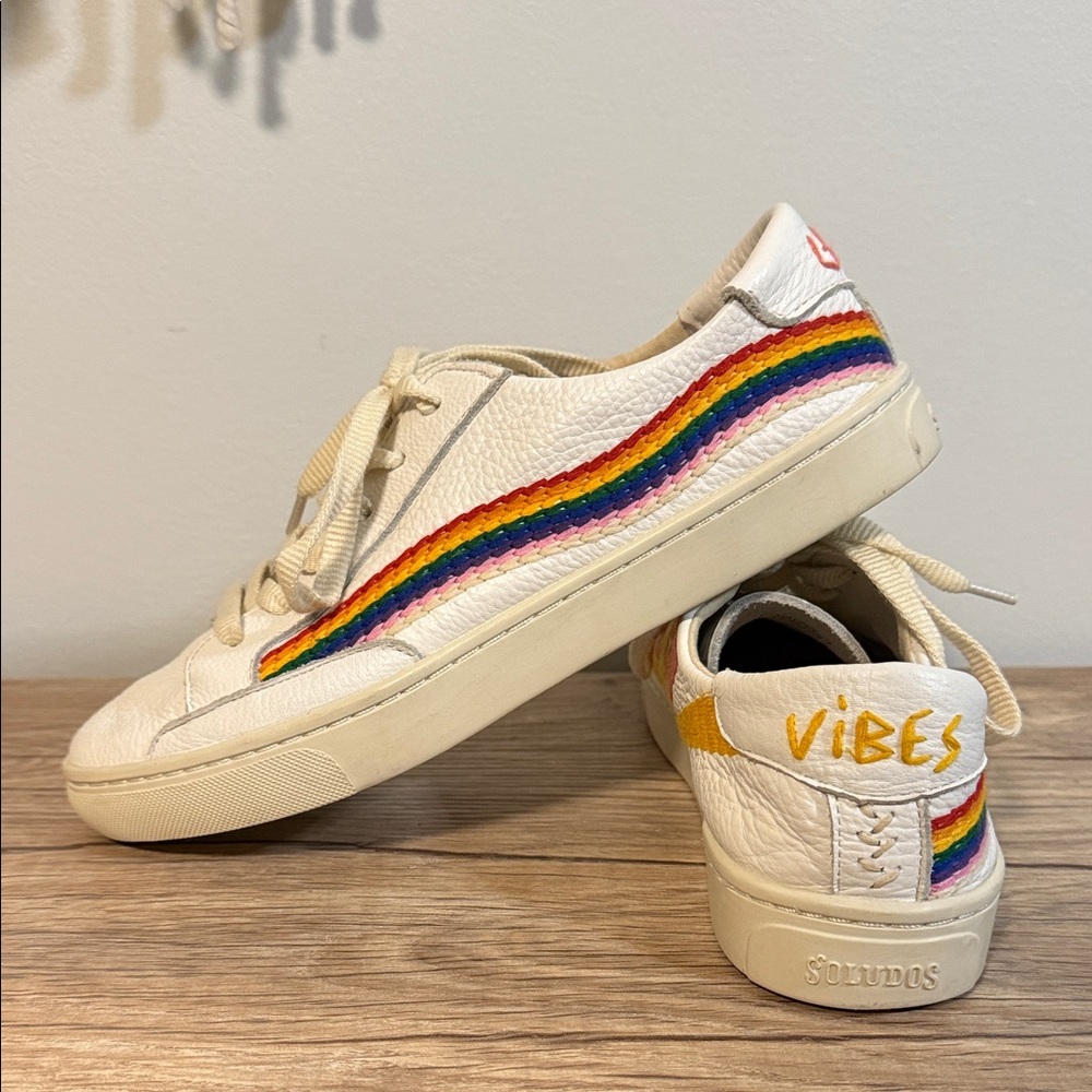 Soludos White Sneakers with Sun and Rainbow Stripes 8.5 - Picture 4 of 7